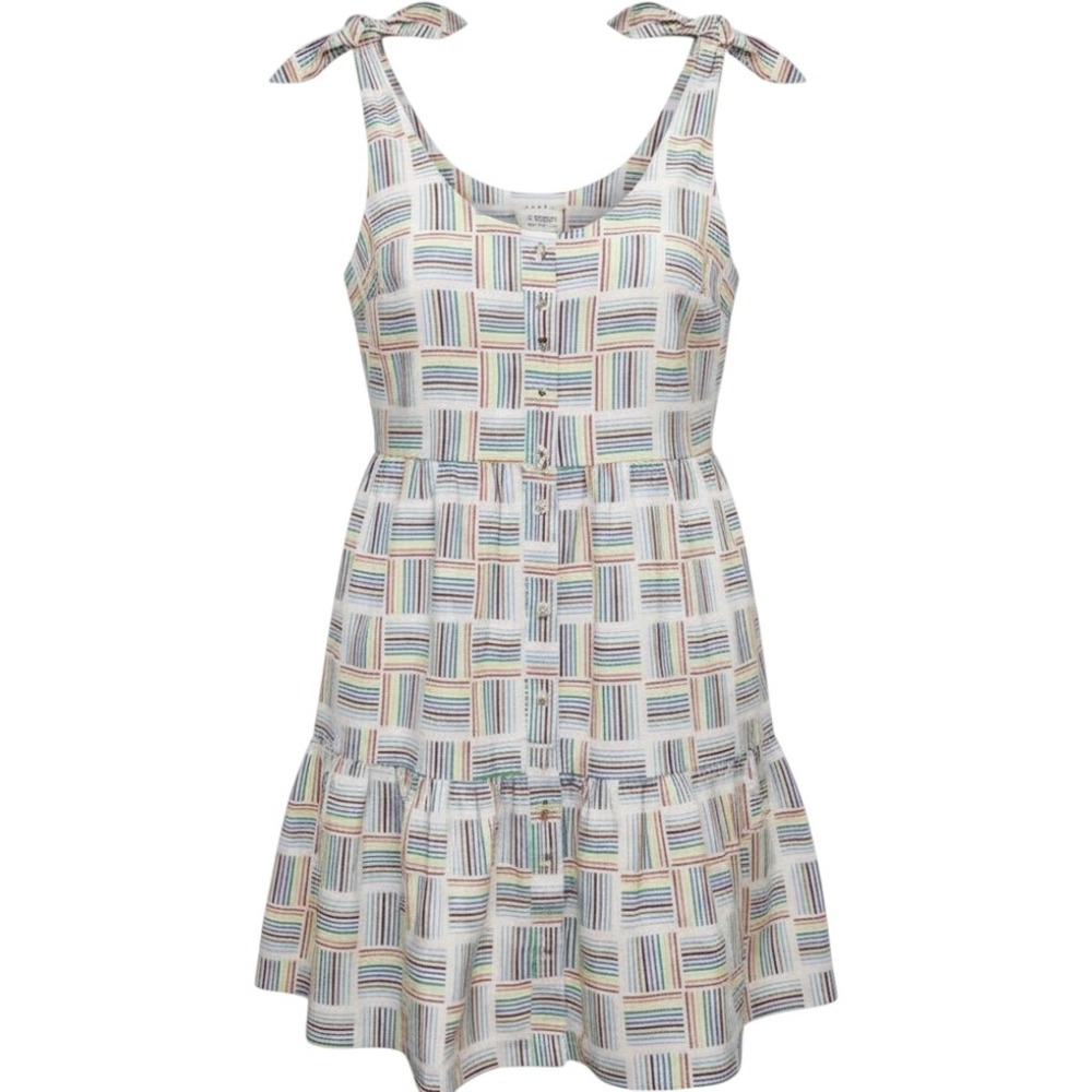 Rainbow Striped Linen Blend Tiered Mini Dress Pockets Sleeveless Tie Strap L - Picture 1 of 8